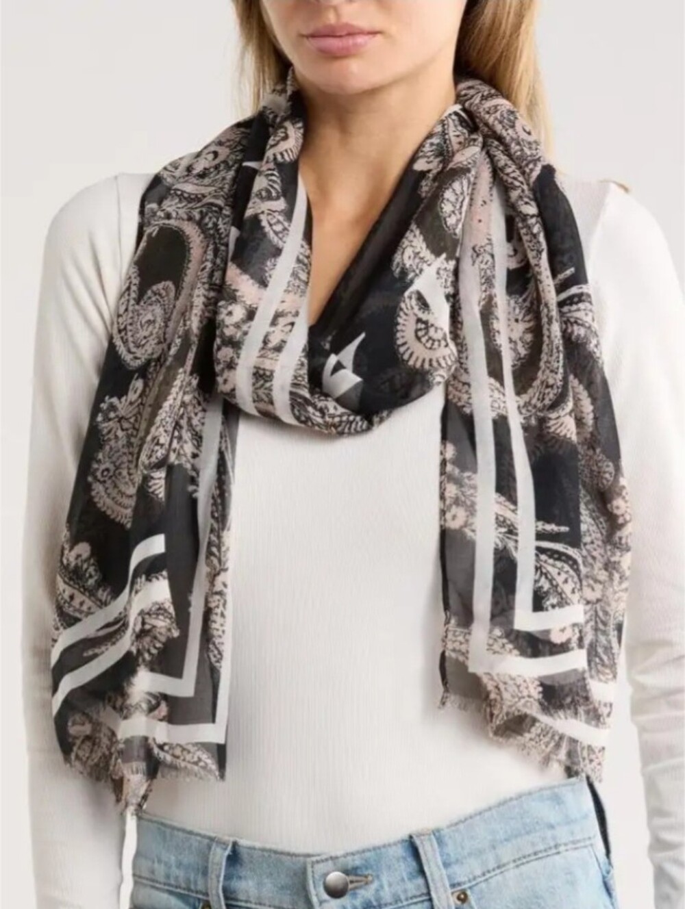 AllSaints NWT Black & Cream Printed Lightweight Women's Scarf MSRP$79